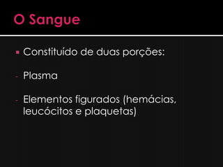    Constituído de duas porções:

-   Plasma

-   Elementos figurados (hemácias,
    leucócitos e plaquetas)
 