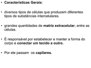 • Características Gerais:

• diversos tipos de células que produzem diferentes
  tipos de substâncias intercelulares.

• grandes quantidades de matriz extracelular, entre as
  células.

• È responsável por estabelecer e manter a forma do
  corpo e conectar um tecido a outro.

• Por ele passam os capilares.
 