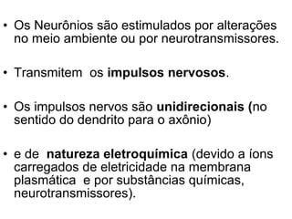 • Os Neurônios são estimulados por alterações
  no meio ambiente ou por neurotransmissores.

• Transmitem os impulsos nervosos.

• Os impulsos nervos são unidirecionais (no
  sentido do dendrito para o axônio)

• e de natureza eletroquímica (devido a íons
  carregados de eletricidade na membrana
  plasmática e por substâncias químicas,
  neurotransmissores).
 