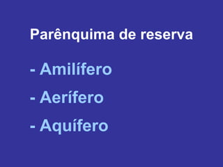 Parênquima de reserva

- Amilífero
- Aerífero
- Aquífero
 