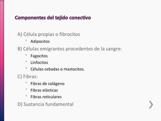 A) Célula propias o fibrocitos
˃ Adipocitos
B) Células emigrantes procedentes de la sangre:
˃ Fagocitos
˃ Linfocitos
˃ Células cebadas o mastocitos.
C) Fibras:
˃ Fibras de colágeno
˃ Fibras elásticas
˃ Fibras reticulares
D) Sustancia fundamental
 
