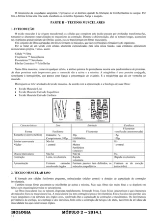 BIOLOGIA MÓDULO 2 ─ 2014.1
11
O mecanismo da coagulação sanguínea. O processo só se destrava quando há liberação de tromboplastina no sangue. Por
fim, a fibrina forma uma rede onde encalham os elementos figurados. Surge o coágulo.
PARTE II – TECIDOS MUSCULARES
1. INTRODUÇÃO
O tecido muscular é de origem mesodermal, as células que compõem este tecido passam por profundas transformações,
tornando-se altamente especializadas no mecanismo da contração. Durante a diferenciação, elas se tornam longas, acumulam
no citoplasma grande número de fibrilas: assim, elas se transformam em fibras musculares.
Um conjunto de fibras agrupadas em feixes formam os músculos, que são os principais efetuadores do organismo.
Por se tratar de um tecido com células altamente especializadas para uma única função, suas estruturas apresentam
nomenclatura própria. Temos, assim:
Célula  Fibra
Citoplasma  Sarcoplasma
Plasmalema  Sarcolema
Fibrilas Contráteis  Miofibrilas
Numa fibra muscular, como em qualquer célula, a análise química do protoplasma mostra uma predominância de proteínas.
As duas proteínas mais importantes para a contração são a actina e a miosina. A mioglobina é uma proteína conjugada,
semelhante à hemoglobina, que parece estar ligada a concentração do oxigênio. É a mioglobina que dá cor vermelha ao
músculo.
Distinguem-se três variedades de tecido muscular, de acordo com a apresentação e a fisiologia de suas fibras:
 Tecido Muscular Liso
 Tecido Muscular Estriado Esquelético
 Tecido Muscular Estriado Cardíaco
Características Lisa Estriada Cardíaca
Forma Fusiforme Filamentar
Filamentar
ramificada (anastomosada)
Tamanho (valores médios) Diâmetro: 7
Comprimento: 100
30
Centímetros
15
100
Estrias transversais Não há Há Há
Núcleo 1 central Muitos
Periféricos
(sincício)
1 central
Discos Intercalares Não há Não há Há
Contração Lenta, involuntária Rápida
voluntária
Rápida involuntária
Apresentação Formam camadas
envolvendo órgãos
Formam pacotes bem definidos, os
músculos esqueléticos
Formam as do coração
(miocárdio)
2. TECIDO MUSCULAR LlSO
É formado por células fusiformes pequenas, uninucleadas (núcleo central) e dotadas de capacidade de contração
involuntária.
Também nessas fibras encontram-se miofibrilas de actina e miosina. Mas suas fibras são muito finas e se dispõem em
feixes sem organização precisa no sarcoplasma.
As fibras musculares lisas se reúnem, dispostas paralelamente, formando feixes. Esses feixes caracterizam o que chamamos
de músculos lisos ou musculatura lisa. A musculatura lisa tem contrações lentas e involuntárias. Ela se localiza nas paredes dos
vasos sanguíneos e na estrutura dos órgãos ocos, conferindo-lhes a capacidade de contrações e movimentos. Os movimentos
peristálticos do esôfago, do estômago e dos intestinos, bem como a contração da bexiga e do útero, decorrem da atividade da
musculatura lisa que existe nesses órgãos.
 