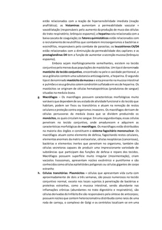 estão relacionados com a reação de hipersensibilidade imediata (reação
anafilática); as histaminas aumentam a permeabilidade vascular +
vasodilatação (responsáveis pelo aumento da produção de muco das células
do trato respiratório; brônquio espasmo); a heparina esta relacionada com a
baixacascata de coagulação;os fatoresquimiotáticos estão relacionados com
o recrutamentode neutrófilos que combatem microorganismos e bactérias e
eosinófilos, responsáveis pelo combate de parasitas; os leucotrienos C4/D4
estão relacionados com a diminuição da permeabilidade dos capilares e as
prostaglandinas D4 tem a função de aumentar a secreção mucosa (brônquio
espasmo).
Embora sejam morfologicamente semelhantes, existem no tecido
conjuntivopelomenosduaspopulaçõesde mastócitos.Umtipoé denominado
mastócito do tecido conjuntivo, encontrado na pele e cavidade peritoneal, e
seusgrânulos contem uma substancia anticoagulante, a heparina. O segundo
tipoé denominado mastócitodamucosa e estapresente namucosaintestinal
e pulmõese seusgrânuloscotemcondroitimsulfatadoemvezde heparina. Os
mastócitos se originam de células hematopoiéticas (produtoras de sangue)
situadas na medula óssea.
g. Macrófagos – Os macrófagos possuem características morfológicas muito
variáveisque dependemde seuestadode atividadefuncional e do tecido que
habitam, podem ser fixos ou transitórios e atuam na remoção de restos
celularese proteção contra organismos invasores. Os macrófagos derivam de
células percussoras da medula óssea que se dividem produzindo os
monócitos,os quaiscirculamno sangue.Emuma segundaetapa,essas células
penetram no tecido conjuntivo, onde amadurecem e adquirem as
características morfológicasde macrófagos. Os macrófagos estão distribuídos
na maioria dos órgãos e constituem o sistema fagocitário mononuclear. Os
macrófagos atuam como elemento de defesa, fagocitando restos celulares,
elementosanormais da matriz extracelular, células neoplásicas (cancerosas),
bactérias e elementos inertes que penetram no organismo, também são
células secretoras capazes de produzir uma impressionante variedade de
substâncias que participam das funções de defesa e reparo dos tecidos.
Macrófagos possuem superfície muito irregular (movimentação), criam
vacúolos lisossomais, apresentam núcleo excêntrico e puntiforme e são
conhecidoscomocélulasepitelióides poligonais ou células gigantes de corpo
estranho
h. Células transitórias: Plasmócitos – células que apresentam vida curta com
aproximadamente de dois a três semanas, são pouco numerosos no tecido
conjuntivo normal, exceto nos locais sujeitos à penetração de bactérias e
proteínas estranhas, como a mucosa intestinal, sendo abundante nas
inflamações crônicas (abundantes no trato digestório e respiratório), são
célulasderivadasdolinfócitoBe são responsáveis pela síntese de anticorpos;
possuemnúcleoque contem heterocromatina distribuída como raios de uma
roda de carroça, o complexo de Golgi e os centríolos localizam-se em uma
 
