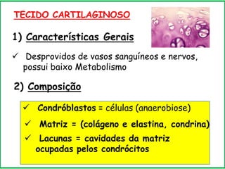 TECIDO CARTILAGINOSO
1) Características Gerais
 Desprovidos de vasos sanguíneos e nervos,
possui baixo Metabolismo
 Condróblastos = células (anaerobiose)
 Matriz = (colágeno e elastina, condrina)
 Lacunas = cavidades da matriz
ocupadas pelos condrócitos
2) Composição
 
