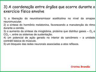 3) A coordenação entre órgãos que ocorre durante o
exercício físico envolve
1) a liberação do neurotransmissor acetilcolina no nível da sinapse
neuromuscular.
2) a síntese do hormônio melatonina, favorecendo a manutenção do ritmo
durante a corrida.
3) o aumento da síntese da mioglobina, proteína que distribui gases – O2 e
CO2 –, entre os sistemas de sustentação.
4) um potencial de ação gerado no interior do sarcômero – a unidade
contrátil básica do músculo.
5) um bloqueio das redes neuronais associadas a atos reflexos.
Cristina Brandão
 