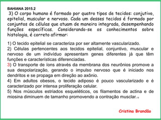 BAHIANA 2015.2
3) O corpo humano é formado por quatro tipos de tecidos: conjutivo,
epitelial, muscular e nervoso. Cada um desses tecidos é formado por
conjuntos de células que atuam de maneira integrada, desempenhando
funções específicas. Considerando-se os conhecimentos sobre
histologia, é correto afirmar:
1) O tecido epitelial se caracteriza por ser altamente vascularizado.
2) Células pertencentes aos tecidos epitelial, conjuntivo, muscular e
nervoso de um indivíduo apresentam genes diferentes já que têm
funções e características diferenciadas.
3) O transporte de íons através da membrana dos neurônios promove a
sua despolarização, gerando o impulso nervoso que é iniciado nos
dendritos e se propaga em direção ao axônio.
4) Em adultos obesos, o tecido adiposo é pouco vascularizado e é
caracterizado por intensa proliferação celular.
5) Nos músculos estriados esqueléticos, os filamentos de actina e de
miosina diminuem de tamanho promovendo a contração musclar. u
Cristina Brandão
 