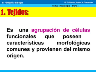 Es una agrupación de células
funcionales que poseen
características morfológicas
comunes y provienen del mismo
origen.
III - Unidad : Biología
Tema: Histología – Parte I
I.E.P «Nuestra Señora de Guadalupe»
 