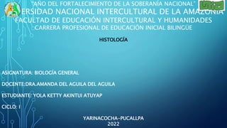 “AÑO DEL FORTALECIMIENTO DE LA SOBERANÍA NACIONAL”
UNIVERSIDAD NACIONAL INTERCULTURAL DE LA AMAZONÍA
FACULTAD DE EDUCACIÓN INTERCULTURAL Y HUMANIDADES
CARRERA PROFESIONAL DE EDUCACIÓN INICIAL BILINGÜE
HISTOLOGÍA
ASIGNATURA: BIOLOGÍA GENERAL
DOCENTE:DRA.AMANDA DEL AGUILA DEL AGUILA
ESTUDIANTE: YOLA KETTY AKINTUI ATUYAP
CICLO: I
YARINACOCHA-PUCALLPA
2022
 
