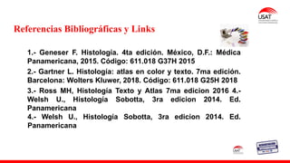 1.- Geneser F. Histología. 4ta edición. México, D.F.: Médica
Panamericana, 2015. Código: 611.018 G37H 2015
2.- Gartner L. Histología: atlas en color y texto. 7ma edición.
Barcelona: Wolters Kluwer, 2018. Código: 611.018 G25H 2018
3.- Ross MH, Histología Texto y Atlas 7ma edicion 2016 4.-
Welsh U., Histología Sobotta, 3ra edicion 2014. Ed.
Panamericana
4.- Welsh U., Histología Sobotta, 3ra edicion 2014. Ed.
Panamericana
Referencias Bibliográficas y Links
 