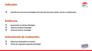 Evidencia.
Instrumento de evaluación.
Indicador.
 Identifica las estructuras histológicas del oído demostrando respeto, interés y cumplimiento.
 Desempeño en práctica Histología
 Examen práctico Histología
 Examen teórico: histología
 Rúbrica de desempeño en práctica
 Lista de respuestas esperadas Histología
 