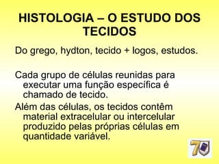 HISTOLOGIA – O ESTUDO DOS TECIDOS Do grego, hydton, tecido + logos, estudos. Cada grupo de células reunidas para executar uma função específica é chamado de tecido.  Além das células, os tecidos contêm material extracelular ou intercelular produzido pelas próprias células em quantidade variável.  