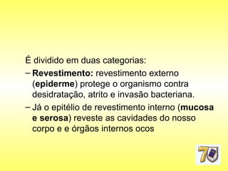 É dividido em duas categorias: Revestimento:  revestimento externo ( epiderme ) protege o organismo contra desidratação, atrito e invasão bacteriana.  Já o epitélio de revestimento interno ( mucosa e serosa ) reveste as cavidades do nosso corpo e e órgãos internos ocos 