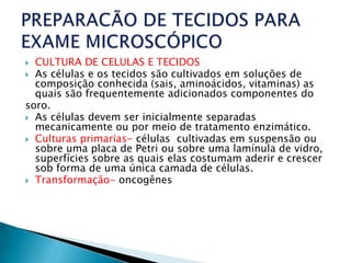 CULTURA DE CELULAS E TECIDOS
 As células e os tecidos são cultivados em soluções de
  composição conhecida (sais, aminoácidos, vitaminas) as
  quais são frequentemente adicionados componentes do
soro.
 As células devem ser inicialmente separadas
  mecanicamente ou por meio de tratamento enzimático.
 Culturas primarias- células cultivadas em suspensão ou
  sobre uma placa de Petri ou sobre uma lamínula de vidro,
  superfícies sobre as quais elas costumam aderir e crescer
  sob forma de uma única camada de células.
 Transformação- oncogênes
 