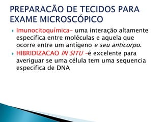    Imunocitoquímica- uma interação altamente
    especifica entre moléculas e aquela que
    ocorre entre um antígeno e seu anticorpo.
   HIBRIDIZACAO IN SITU -é excelente para
    averiguar se uma célula tem uma sequencia
    especifica de DNA
 