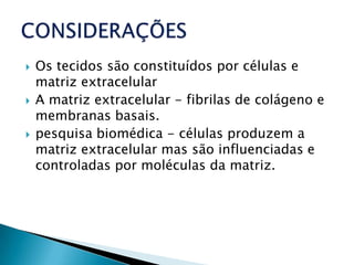    Os tecidos são constituídos por células e
    matriz extracelular
   A matriz extracelular - fibrilas de colágeno e
    membranas basais.
   pesquisa biomédica - células produzem a
    matriz extracelular mas são influenciadas e
    controladas por moléculas da matriz.
 