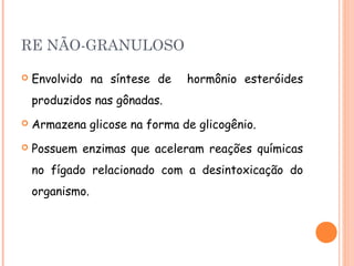 RE NÃO-GRANULOSO

   Envolvido na síntese de    hormônio esteróides
    produzidos nas gônadas.
   Armazena glicose na forma de glicogênio.
   Possuem enzimas que aceleram reações químicas
    no fígado relacionado com a desintoxicação do
    organismo.
 