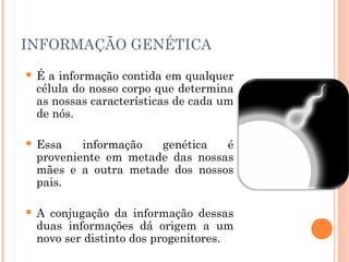 30
     INFORMAÇÃO GENÉTICA
        É a informação contida em qualquer
         célula do nosso corpo que determina
         as nossas características de cada um
         de nós.

        Essa    informação  genética   é
         proveniente em metade das nossas
         mães e a outra metade dos nossos
         pais.

        A conjugação da informação dessas
         duas informações dá origem a um
         novo ser distinto dos progenitores.
 