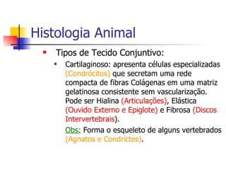 Histologia Animal Tipos de Tecido Conjuntivo: Cartilaginoso: apresenta células especializadas  (Condrócitos)  que secretam uma rede compacta de fibras Colágenas em uma matriz gelatinosa consistente sem vascularização. Pode ser Hialina  (Articulações) , Elástica  (Ouvido Externo e Epiglote)  e Fibrosa  (Discos Intervertebrais ). Obs:  Forma o esqueleto de alguns vertebrados  (Agnatos e Condríctes) . 