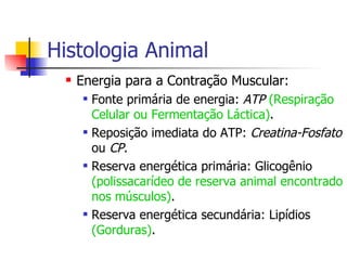 Histologia Animal Energia para a Contração Muscular: Fonte primária de energia:  ATP  (Respiração Celular ou Fermentação Láctica) . Reposição imediata do ATP:  Creatina-Fosfato  ou  CP . Reserva energética primária: Glicogênio  (polissacarídeo de reserva animal encontrado nos músculos) . Reserva energética secundária: Lipídios  (Gorduras) . 