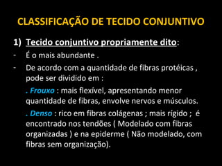 CLASSIFICAÇÃO DE TECIDO CONJUNTIVO
1) Tecido conjuntivo propriamente dito:
- É o mais abundante .
- De acordo com a quantidade de fibras protéicas ,
pode ser dividido em :
. Frouxo : mais flexível, apresentando menor
quantidade de fibras, envolve nervos e músculos.
. Denso : rico em fibras colágenas ; mais rígido ; é
encontrado nos tendões ( Modelado com fibras
organizadas ) e na epiderme ( Não modelado, com
fibras sem organização).
 