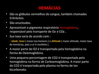HEMÁCIAS
• São os glóbulos vermelhos do sangue, também chamadas
Eritrócitos.
• São anucleadas.
• Apresentam o pigmento respiratório Hemoglobina,
responsável pelo transporte de O2 e CO2 .
• Sua taxa varia de acordo com :
- Idade, Sexo ( maior nos homens ) e Altitude ( maior altitude, maior taxa
de hemácias, pois o ar é rarefeito ).
• A maior parte do O2 é transportada pela hemoglobina na
forma de Oxiemoglobina.
• Uma pequena porcentagem de CO2 é transportada pela
hemoglobina na forma de Carboemoglobina. A maior parte
do CO2 é tranportada pelo plasma na forma de íon
bicarbonato.
 