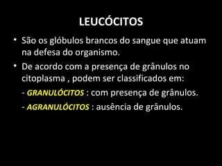 LEUCÓCITOS
• São os glóbulos brancos do sangue que atuam
na defesa do organismo.
• De acordo com a presença de grânulos no
citoplasma , podem ser classificados em:
- GRANULÓCITOS : com presença de grânulos.
- AGRANULÓCITOS : ausência de grânulos.
 