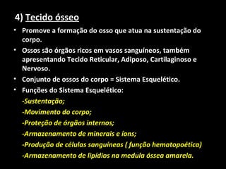 4) Tecido ósseo
• Promove a formação do osso que atua na sustentação do
corpo.
• Ossos são órgãos ricos em vasos sanguíneos, também
apresentando Tecido Reticular, Adiposo, Cartilaginoso e
Nervoso.
• Conjunto de ossos do corpo = Sistema Esquelético.
• Funções do Sistema Esquelético:
-Sustentação;
-Movimento do corpo;
-Proteção de órgãos internos;
-Armazenamento de minerais e íons;
-Produção de células sanguíneas ( função hematopoética)
-Armazenamento de lipídios na medula óssea amarela.
 