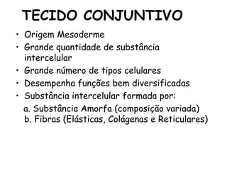 TECIDO CONJUNTIVO
• Origem Mesoderme
• Grande quantidade de substância
intercelular
• Grande número de tipos celulares
• Desempenha funções bem diversificadas
• Substância intercelular formada por:
a. Substância Amorfa (composição variada)
b. Fibras (Elásticas, Colágenas e Reticulares)
 