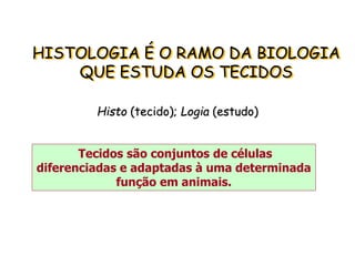 HISTOLOGIA É O RAMO DA BIOLOGIA
QUE ESTUDA OS TECIDOS
Histo (tecido); Logia (estudo)
Tecidos são conjuntos de células
diferenciadas e adaptadas à uma determinada
função em animais.
 