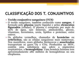 CLASSIFICAÇÃO DOS T. CONJUNTIVOS
• Tecido conjuntivo sanguíneo (TCS)
• O tecido sanguíneo, também conhecido como sangue, é
formado pelo plasma (parte líquida) e pelos elementos
figurados (células). O plasma é composto por mais de
90% de água, sais minerais, aminoácidos, glicose,
vitaminas, hormônios, ureia, lipídios e proteínas, entre
outros.
• Os glóbulos vermelhos, chamados de hemácias ou
eritrócitos, são as células sanguíneas mais numerosas.
Nos mamíferos, esses glóbulos bicôncavos e anucleados
transportam os gases O2 e CO2. Produzidos na MOV,
contêm uma substância que adere a pigmentos
respiratórios, a hemoglobina. Uma hemácia humana tem
aproximadamente 280 milhões de hemoglobinas no seu
citoplasma.
 