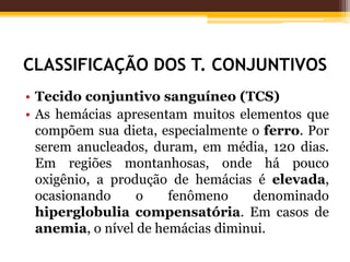 CLASSIFICAÇÃO DOS T. CONJUNTIVOS
• Tecido conjuntivo sanguíneo (TCS)
• As hemácias apresentam muitos elementos que
compõem sua dieta, especialmente o ferro. Por
serem anucleados, duram, em média, 120 dias.
Em regiões montanhosas, onde há pouco
oxigênio, a produção de hemácias é elevada,
ocasionando o fenômeno denominado
hiperglobulia compensatória. Em casos de
anemia, o nível de hemácias diminui.
 
