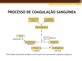 PROCESSO DE COAGULAÇÃO SANGUÍNEA
Fonte: https://pensemed.wordpress.com/2014/07/22/o-processo-de-coagulacao-sanguinea/
 