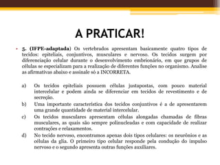 A PRATICAR!
• 5. (IFPE-adaptada) Os vertebrados apresentam basicamente quatro tipos de
tecidos: epiteliais, conjuntivos, musculares e nervoso. Os tecidos surgem por
diferenciação celular durante o desenvolvimento embrionário, em que grupos de
células se especializam para a realização de diferentes funções no organismo. Analise
as afirmativas abaixo e assinale só a INCORRETA.
a) Os tecidos epiteliais possuem células justapostas, com pouco material
intercelular e podem ainda se diferenciar em tecidos de revestimento e de
secreção.
b) Uma importante característica dos tecidos conjuntivos é a de apresentarem
uma grande quantidade de material intercelular.
c) Os tecidos musculares apresentam células alongadas chamadas de fibras
musculares, as quais são sempre polinucleadas e com capacidade de realizar
contrações e relaxamentos.
d) No tecido nervoso, encontramos apenas dois tipos celulares: os neurônios e as
células da glia. O primeiro tipo celular responde pela condução do impulso
nervoso e o segundo apresenta outras funções auxiliares.
 