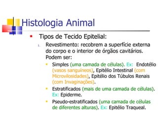 Histologia Animal Tipos de Tecido Epitelial: Revestimento: recobrem a superfície externa do corpo e o interior de órgãos cavitários. Podem ser: Simples  (uma camada de células).  Ex:   Endotélio  (vasos sanguíneos) , Epitélio Intestinal  (com Microvilosidades) , Epitélio dos Túbulos Renais  (com Invaginações) . Estratificados  (mais de uma camada de células) .  Ex:  Epiderme. Pseudo-estratificados  (uma camada de células de diferentes alturas) .  Ex:  Epitélio Traqueal. 
