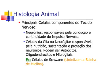 Histologia Animal Principais Células componentes do Tecido Nervoso: Neurônios: responsáveis pela condução e continuidade do Impulso Nervoso. Células da Glia ou Neuróglia: responsáveis pela nutrição, sustentação e proteção dos neurônios. Podem ser Astrócitos, Oligodendrócitos e Microgliais.  Ex:  Células de Schwann  (sintetizam a Bainha de Mielina) . 