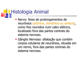 Histologia Animal Nervo: feixe de prolongamentos de neurônios  (axônios, dendritos ou ambos) , como fios reunidos num cabo elétrico, localizado fora das partes centrais do sistema nervoso. Gânglio Nervoso: dilatação que contém corpos celulares de neurônios, situada em um nervo, fora das partes centrais do sistema nervoso. 