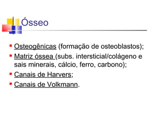 Ósseo
 Osteogênicas (formação de osteoblastos);
 Matriz óssea (subs. intersticial/colágeno e
sais minerais, cálcio, ferro, carbono);
 Canais de Harvers;
 Canais de Volkmann.
 