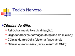 Células da GliaCélulas da Glia.
 Astrócitos (nutrição e cicatrização);
 Oligodendrócitos (formação da bainha de mielina);
 Cálulas da micróglia (sistema fagocitário);
 Células ependimárias (revestimento do SNC).
Tecido Nervoso
 