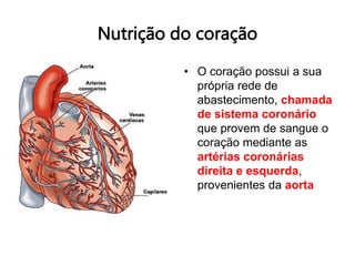 Nutrição do coração
• O coração possui a sua
própria rede de
abastecimento, chamada
de sistema coronário
que provem de sangue o
coração mediante as
artérias coronárias
direita e esquerda,
provenientes da aorta
 