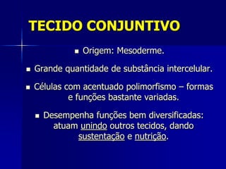 TECIDO CONJUNTIVO
                  Origem: Mesoderme.

   Grande quantidade de substância intercelular.

   Células com acentuado polimorfismo – formas
             e funções bastante variadas.

       Desempenha funções bem diversificadas:
          atuam unindo outros tecidos, dando
               sustentação e nutrição.
 