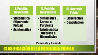 CLASIFICACIÓN DE LA PATOLOGÍA PULPAR
I. Pulpitis
Reversible
• Sintomática
(Hiperemia
Pulpar)
• Asintomática
II. Pulpitis
Irreversible
• Sintomática :
Serosa o
Purulenta
• Asintomática
: Ulcerosa o
Hiperplásica
III. Necrosis
Pulpar
• Licuefactiva
• Coagulación
Pumarola y Canalda
 