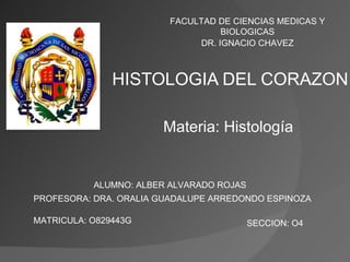 HISTOLOGIA DEL CORAZON FACULTAD DE CIENCIAS MEDICAS Y BIOLOGICAS DR. IGNACIO CHAVEZ Materia: Histología ALUMNO: ALBER ALVARADO ROJAS PROFESORA: DRA. ORALIA GUADALUPE ARREDONDO ESPINOZA MATRICULA: O829443G SECCION: O4 
