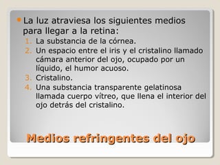 La luz atraviesa los siguientes medios
 para llegar a la retina:
 1. La substancia de la córnea.
 2. Un espacio entre el iris y el cristalino llamado
    cámara anterior del ojo, ocupado por un
    líquido, el humor acuoso.
 3. Cristalino.
 4. Una substancia transparente gelatinosa
    llamada cuerpo vítreo, que llena el interior del
    ojo detrás del cristalino.



 Medios refringentes del ojo
 