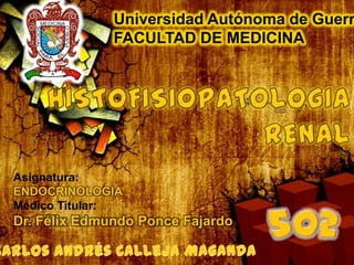 Universidad Autónoma de Guerr
              FACULTAD DE MEDICINA




Asignatura:
ENDOCRINOLOGIA
Médico Titular:
Dr. Félix Edmundo Ponce Fajardo
 