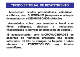 TECIDO EPITELIAL DE REVESTIMENTO
-Apresentam células pavimentosas, cilíndricas
e cúbicas, com GLICOCÁLIX (Aceptores e reforços
de membrana), e DESMOSSOMOS (Adesão).
-Assentados sobre uma membrana basal com
fibras colágenas, elásticas e reticulares,
vascularizada e inervada (metabolismo do epitélio).
-É avascularizado, com MICROVILOSIDADES de
absorção de nutrientes presentes nas células
intestinais, CÍLIOS de varrição na traquéia e tubas
uterinas e ESTEREOCÍLIOS nos túbulos
seminíferos.
 