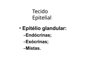 Tecido
Epitelial
• Epitélio glandular:
–Endócrinas;
–Exócrinas;
–Mistas.
 