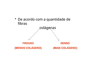 • De acordo com a quantidade de
fibras
colágenas
FROUXO
(MENOS COLÁGENO)
DENSO
(MAIS COLÁGENO)
 