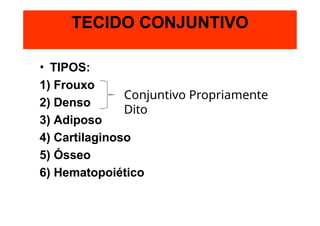 • TIPOS:
1) Frouxo
2) Denso
3) Adiposo
4) Cartilaginoso
5) Ósseo
6) Hematopoiético
TECIDO CONJUNTIVO
Conjuntivo Propriamente
Dito
 