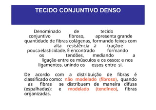 Denominado de tecido
conjuntivo fibroso, apresenta grande
quantidade de fibras colágenas, formando feixes com
alta resistência à traçãoe
poucaelasticidade. É encontrado formando
os tendões, mediando a
ligação entre os músculos e os ossos; e nos
ligamentos, unindo os ossos entre si.
De acordo com a distribuição de fibras é
classificado como: não modelado (fibroso), quando
as fibras se distribuem de maneira difusa
(espalhadas); e modelado (tendíneo), fibras
organizadas.
TECIDO CONJUNTIVO DENSO
 