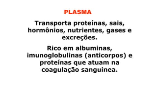 PLASMA
Transporta proteínas, sais,
hormônios, nutrientes, gases e
excreções.
Rico em albuminas,
imunoglobulinas (anticorpos) e
proteínas que atuam na
coagulação sanguínea.

 